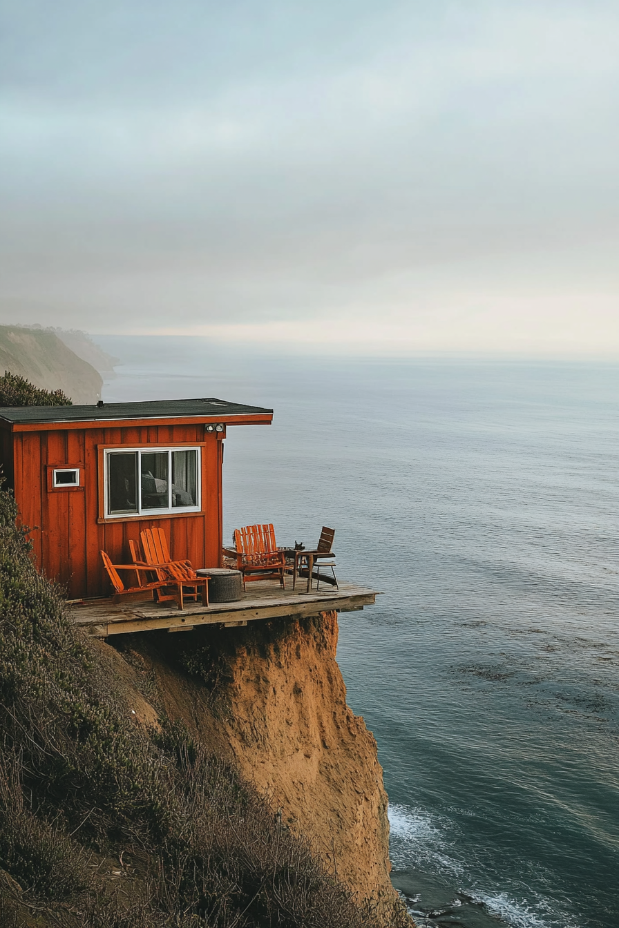 Wide angle view. Tiny home platform with seating on dramatic clifftop, overlooking panoramic ocean.