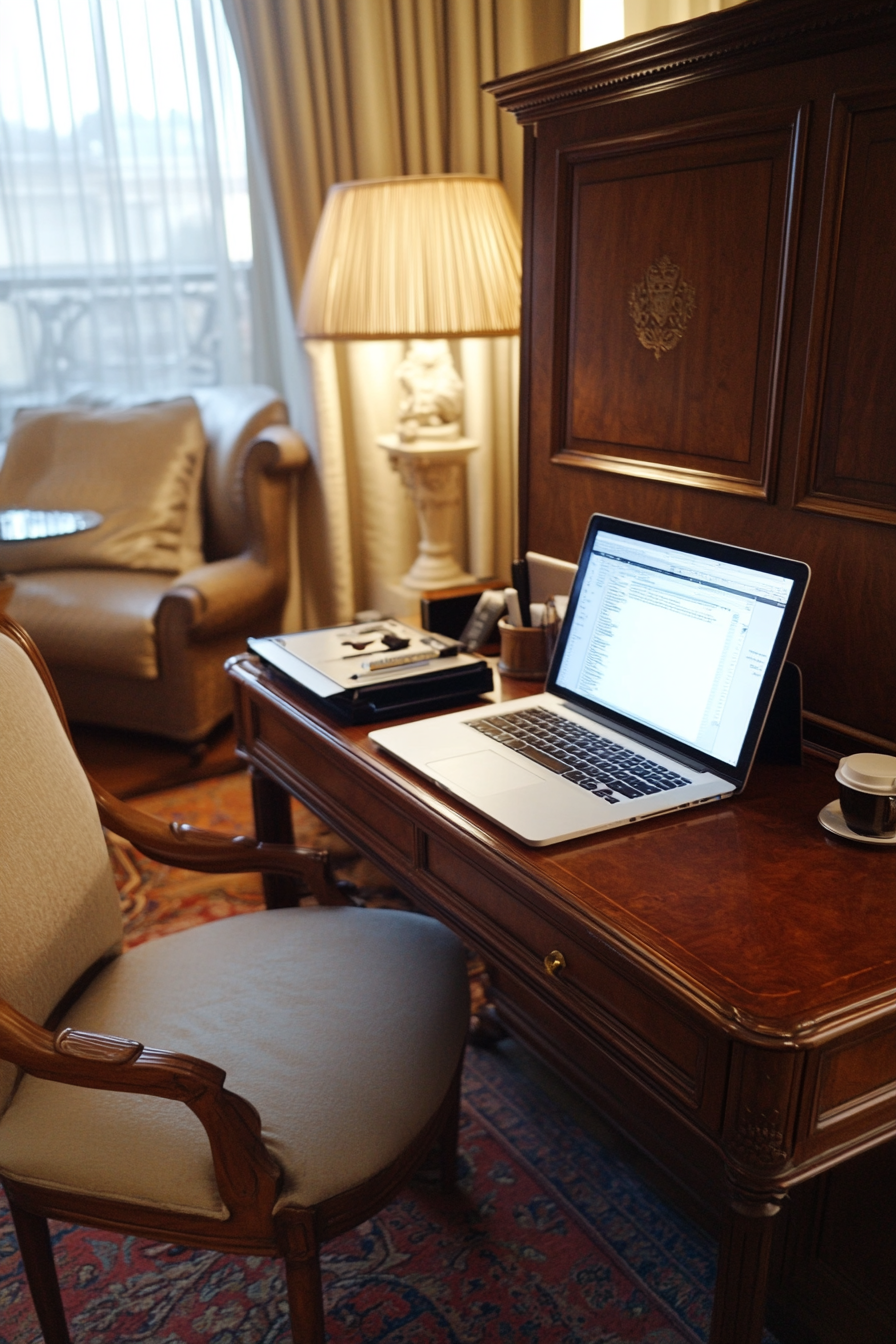 Professional mobile workspace. Wide angle shot of mahogany desk, mid-century armchair & white laptop.