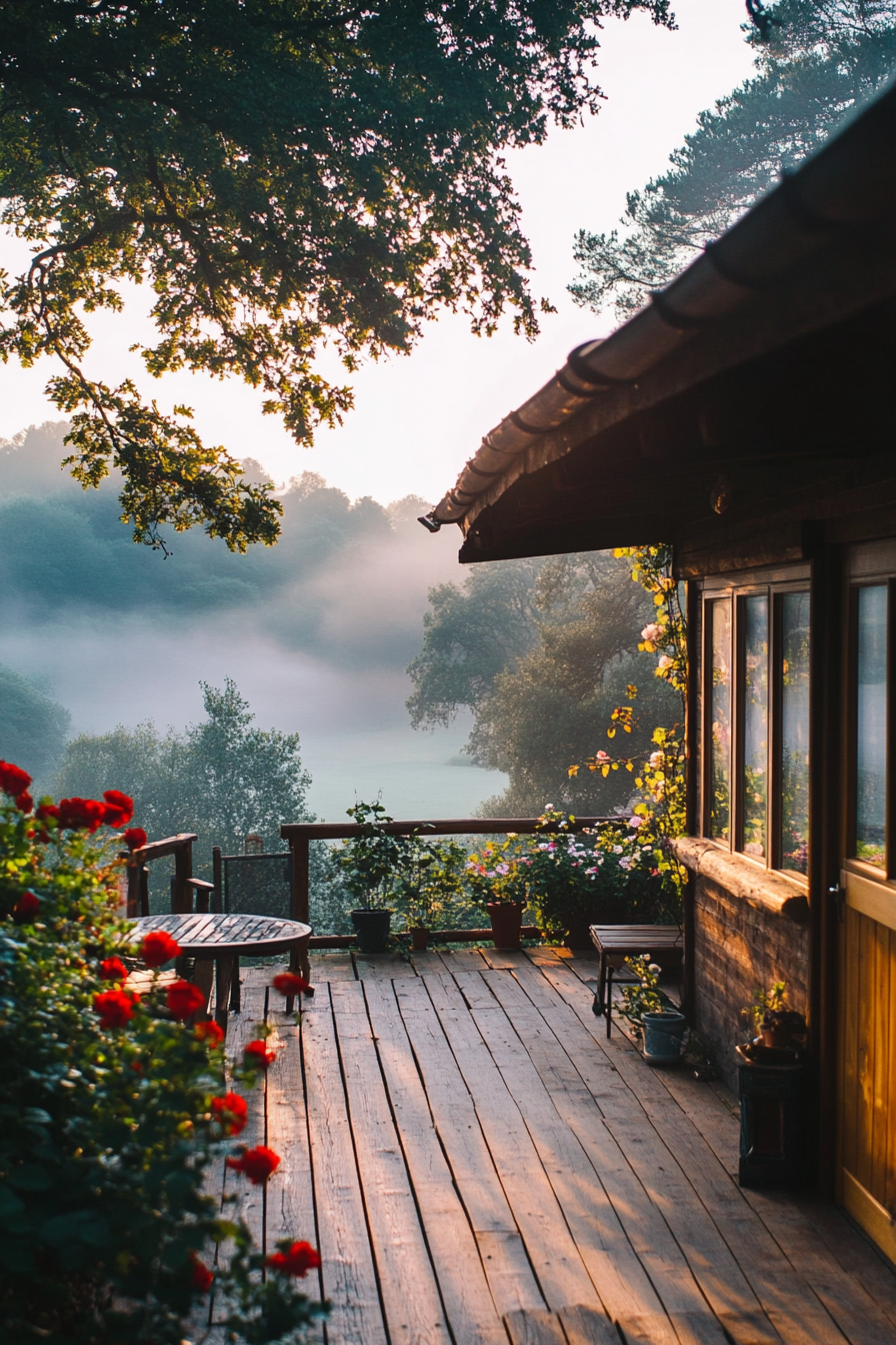 Wide angle view of deck. Flower-filled tiny house, climbing roses, rolling English countryside and morning fog.