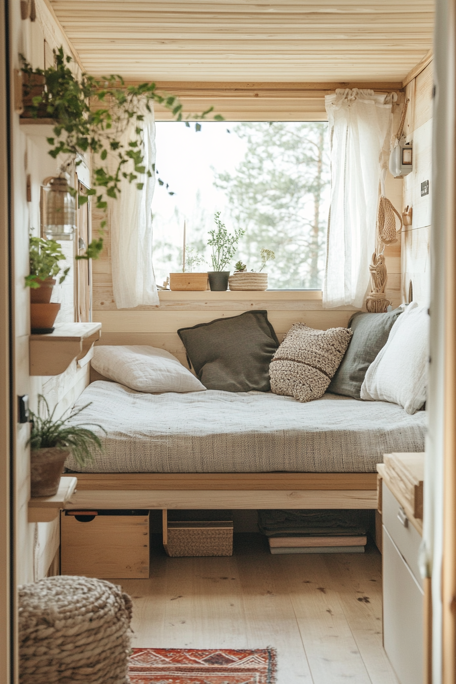 Wide angle view. Natural mobile home featuring light wooden accents and organic textiles.