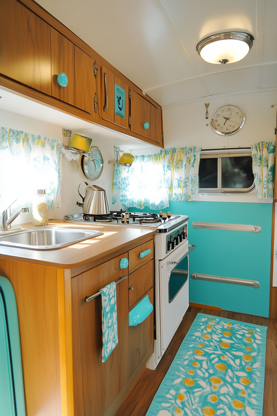 Wide angle view. Classic camper kitchen with teak cabinets and turquoise-colored retro knob hardware.