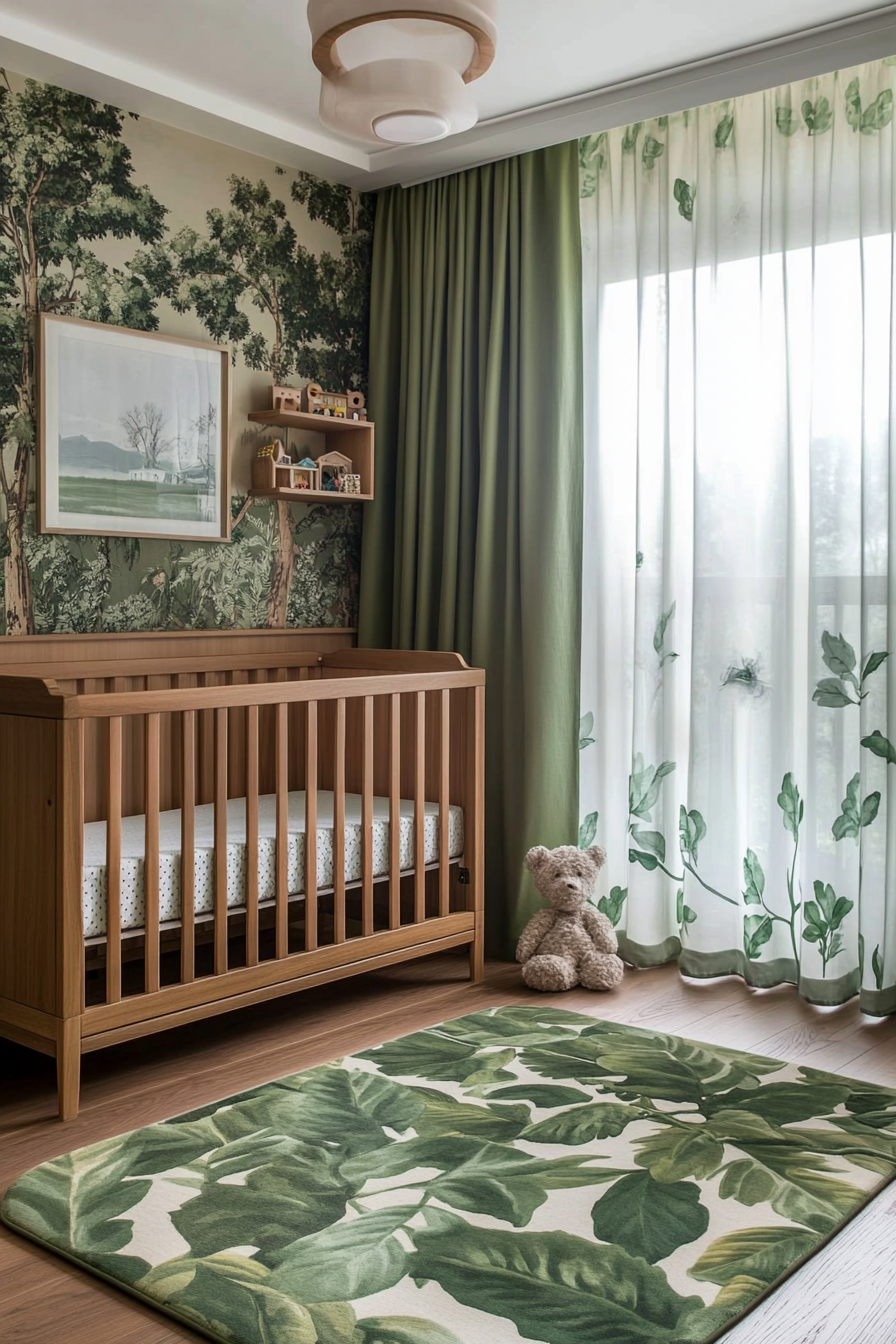 Nature-inspired baby room. Low wooden shelves, olive-green rug, leaf-patterned window curtains, wide trees wallpaper.