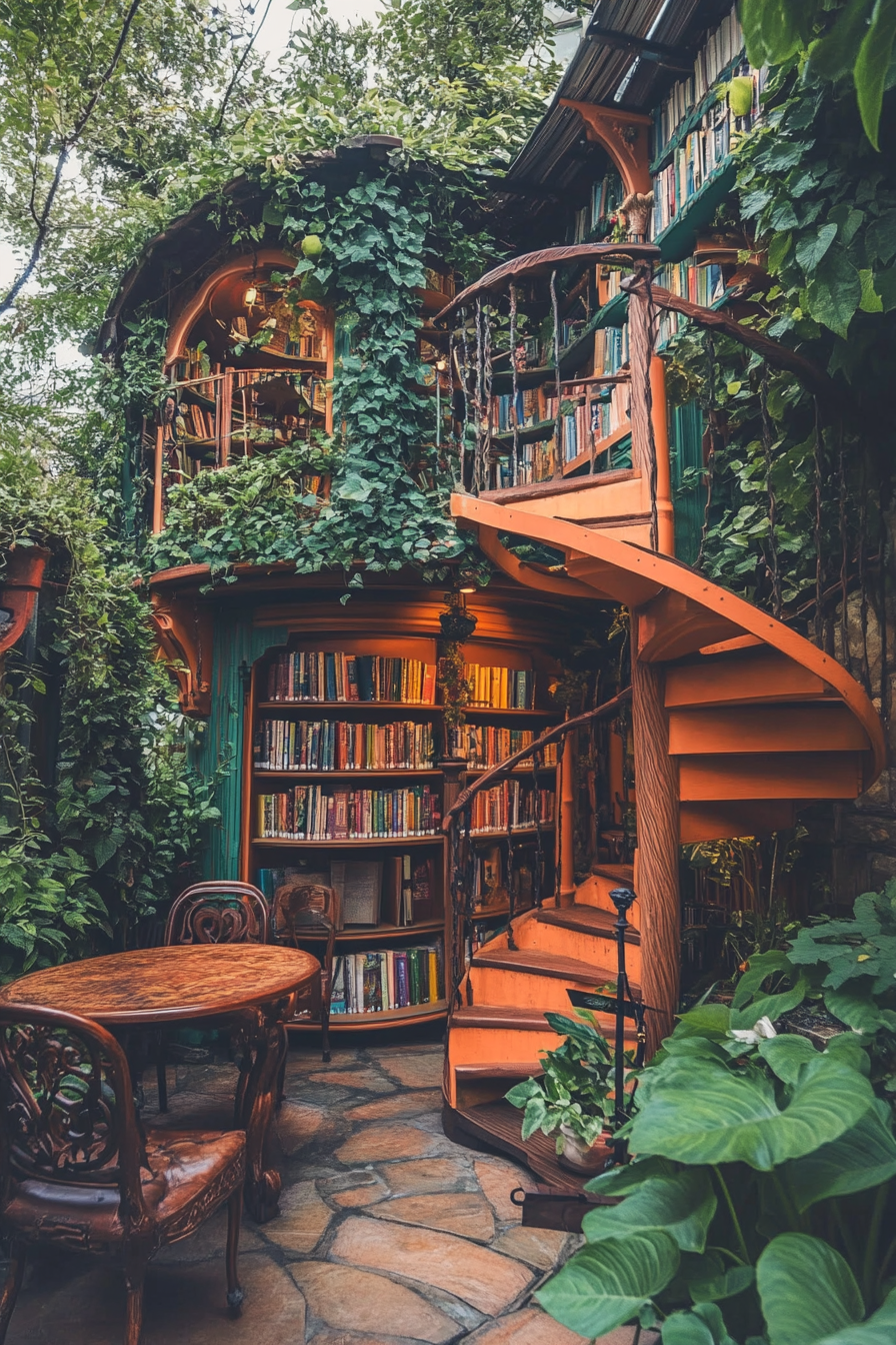 Wide-angle view. Storybook-inspired mobile library, spiral staircases, lush ivy.