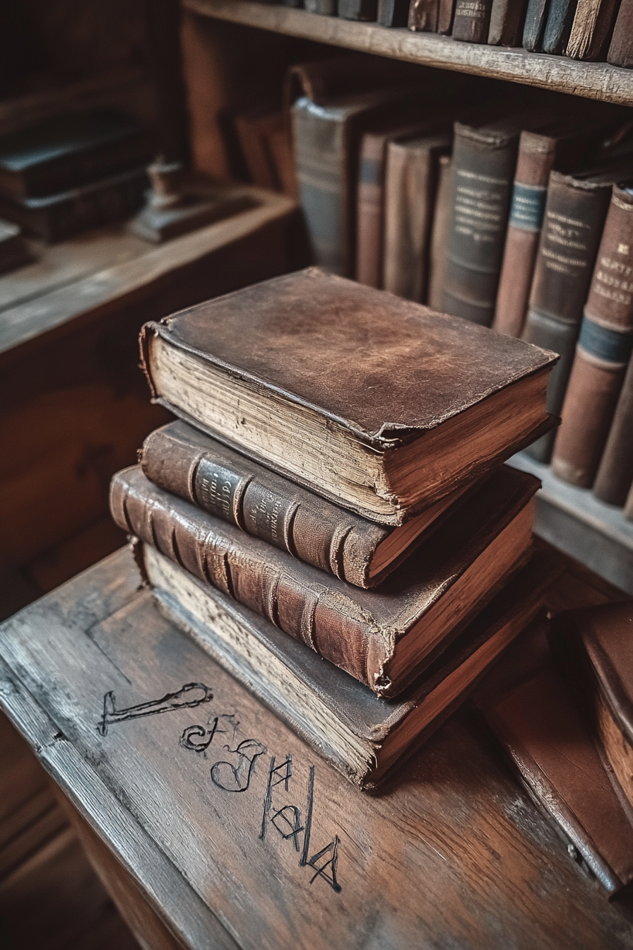 Wide angle view. Dark academia tiny house library with leather bound vintage books and rusting calligraphy duo.