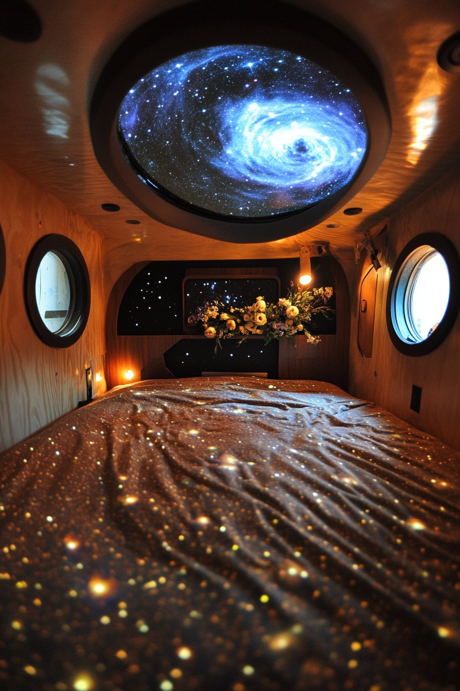 Wide angle view. Space-themed sleeping quarters, Ikebana arrangement, realistic star projections, nebula-colored linens.