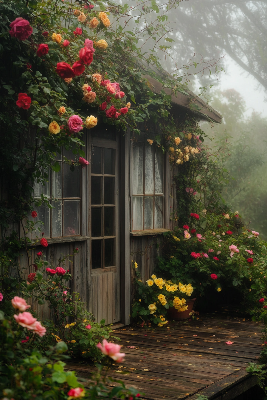 English countryside view. Flower-filled tiny house deck with climbing roses and morning fog.