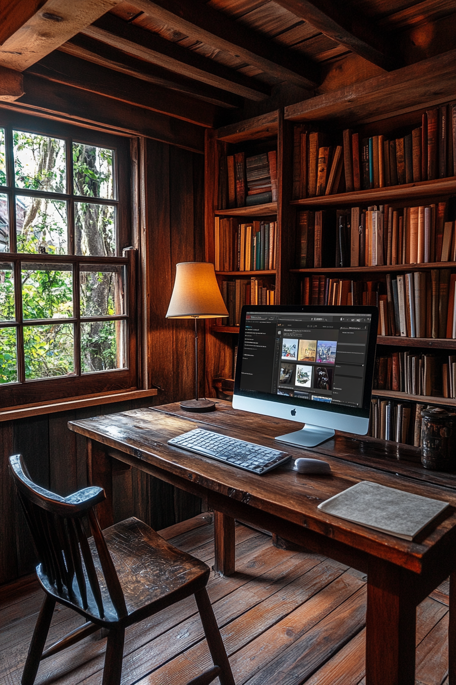 Wide angle view. Professional mobile workspace, mahogany desk, screenshots I'd sn the desktop, rustic bookshelf.