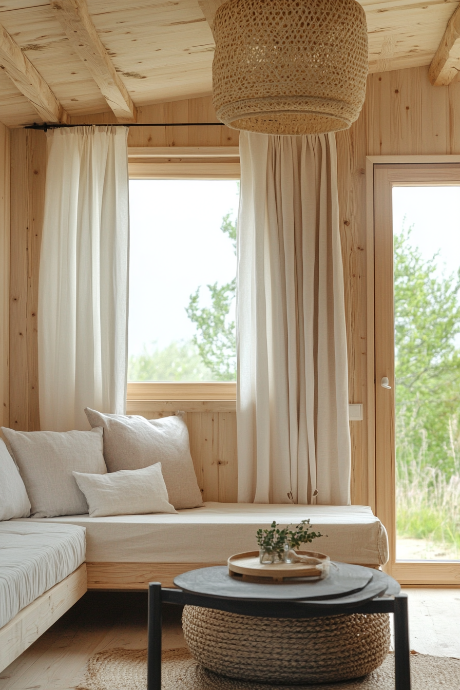 Wide angle view. Natural mobile home. Light birch interior paneling, hemp-blend curtains and recycled cotton pillows.