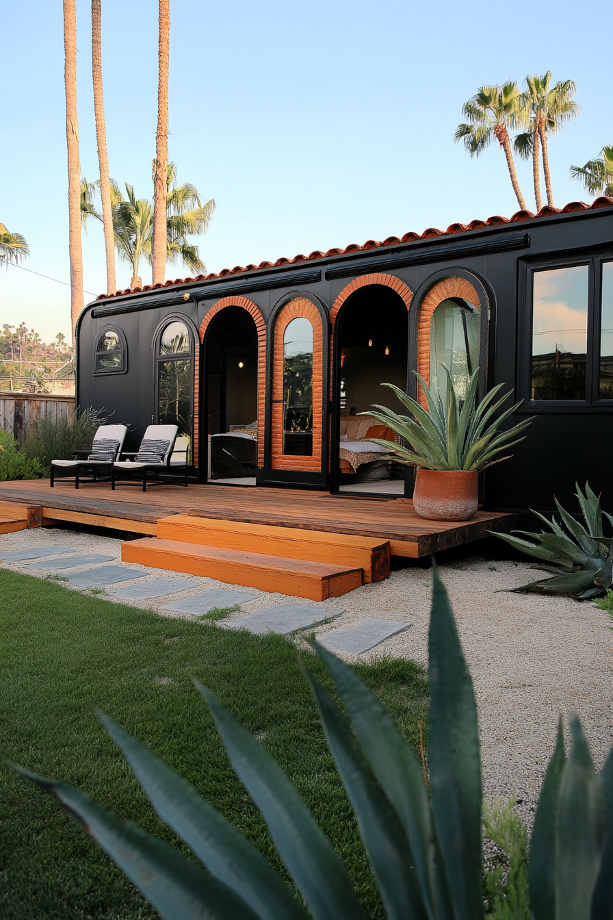 Wide angle view. Dark mobile home with arched details and terra cotta accents.