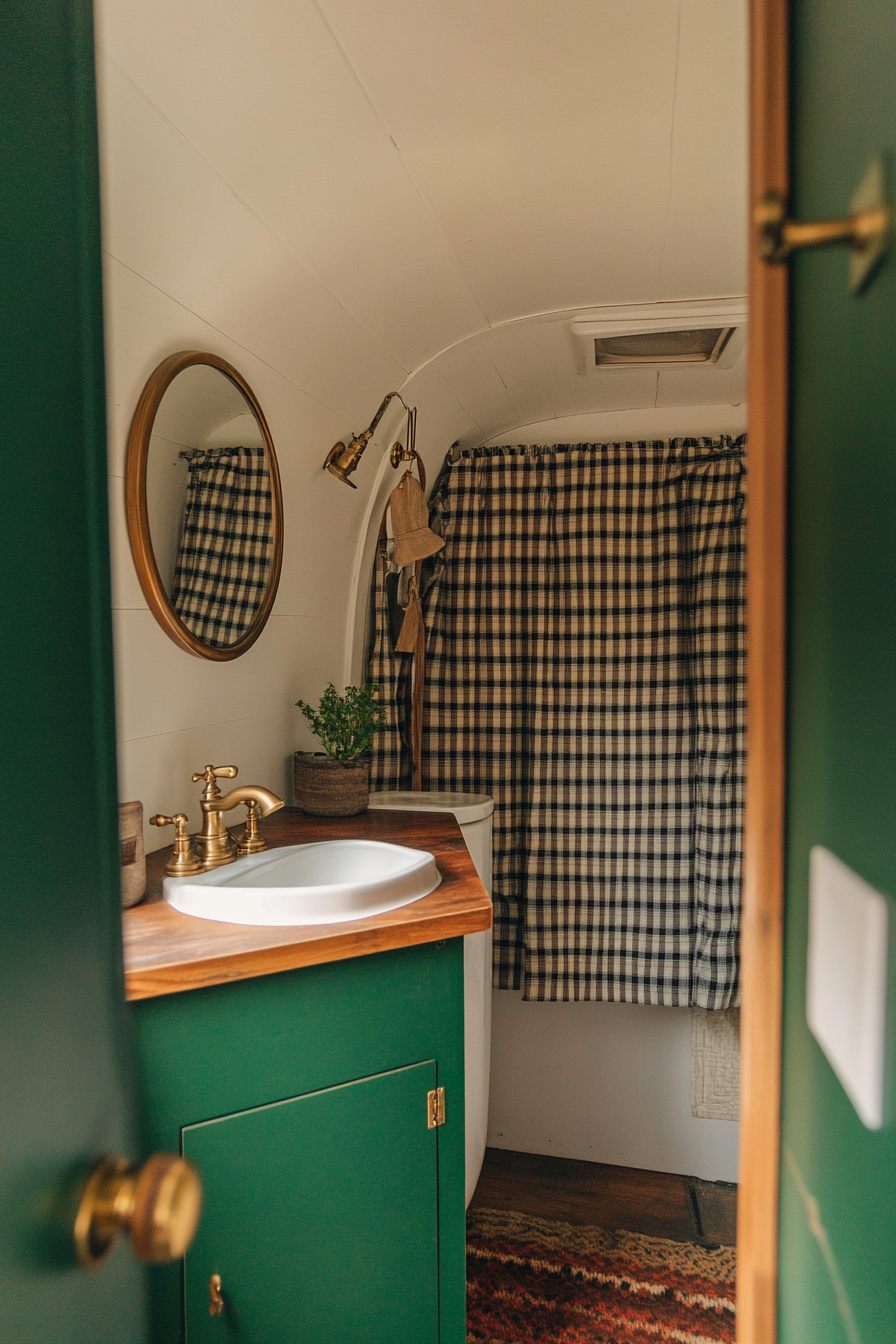 Wide angle view. Mid-century camper bathroom, teardrop mirror, plaid wallpapers, brass faucet.