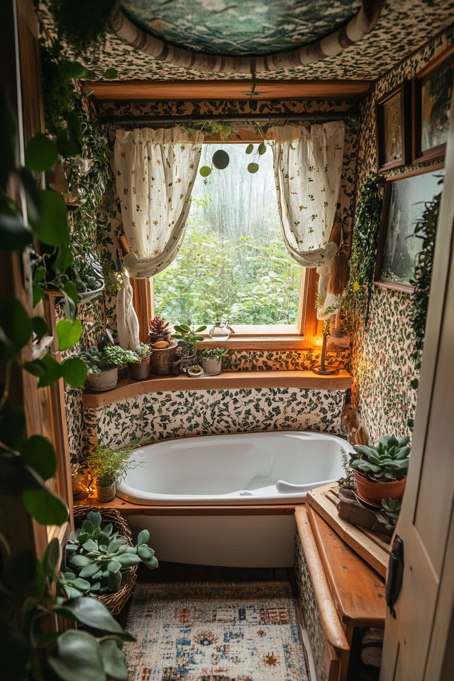 Wide angle view. Succulents scattered tiny house, waterfall picture window, ivy-patterned wallpaper.