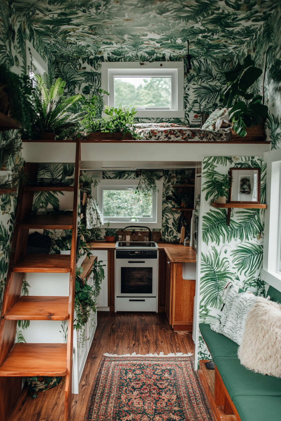 Wide angle view. Plant-filled tiny house. Fern patterns on botanical wallpaper.