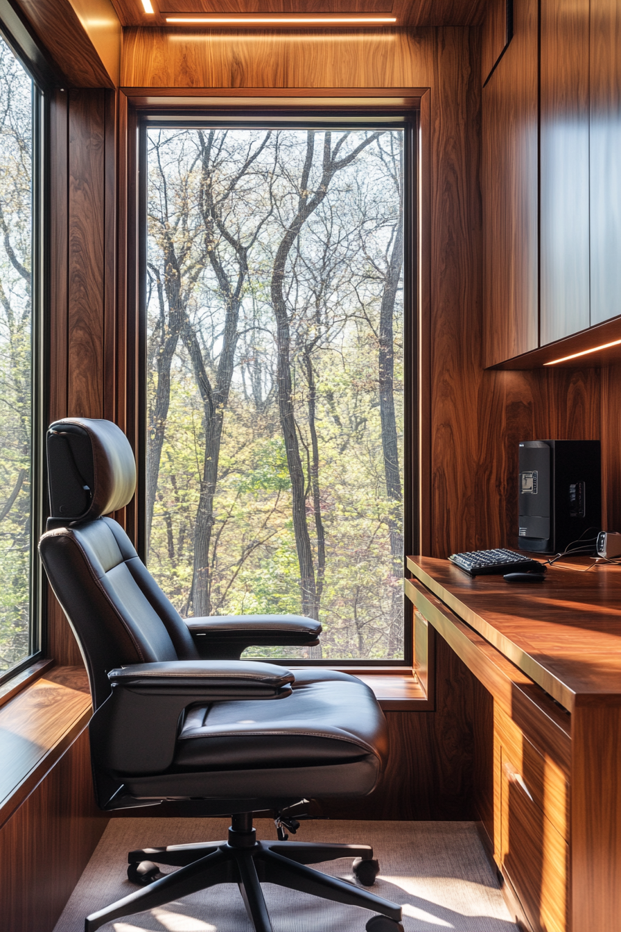 Upscale mobile workspace. Leather recliner by a panoramic window with walnut-detailed desk.