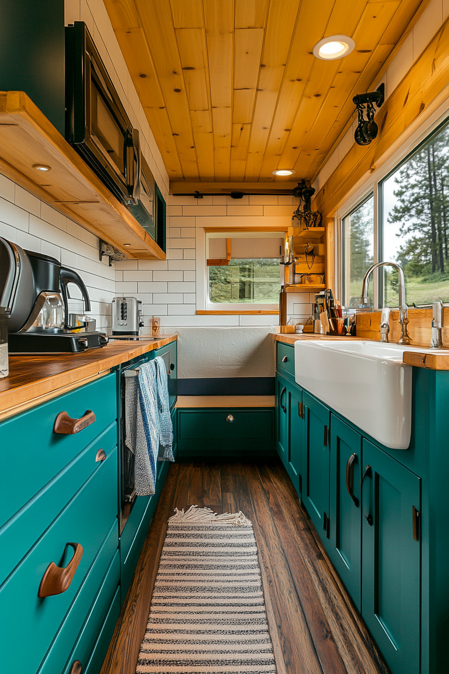 Wide angle view. Retro tiny house kitchen with teal sleek cabinets and vintage toaster.