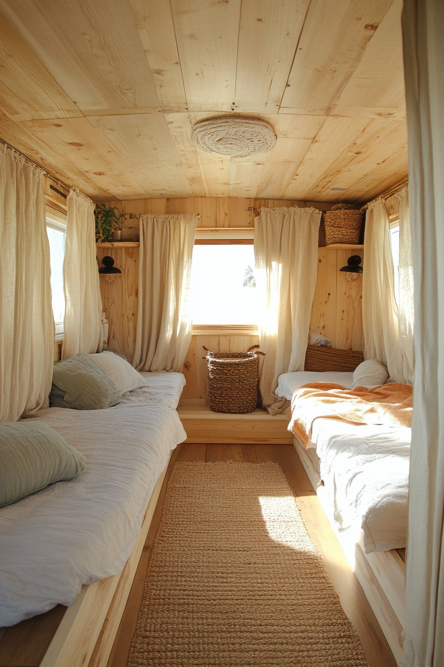 Wide angle view. Natural mobile home with birch paneling and hemp curtains.