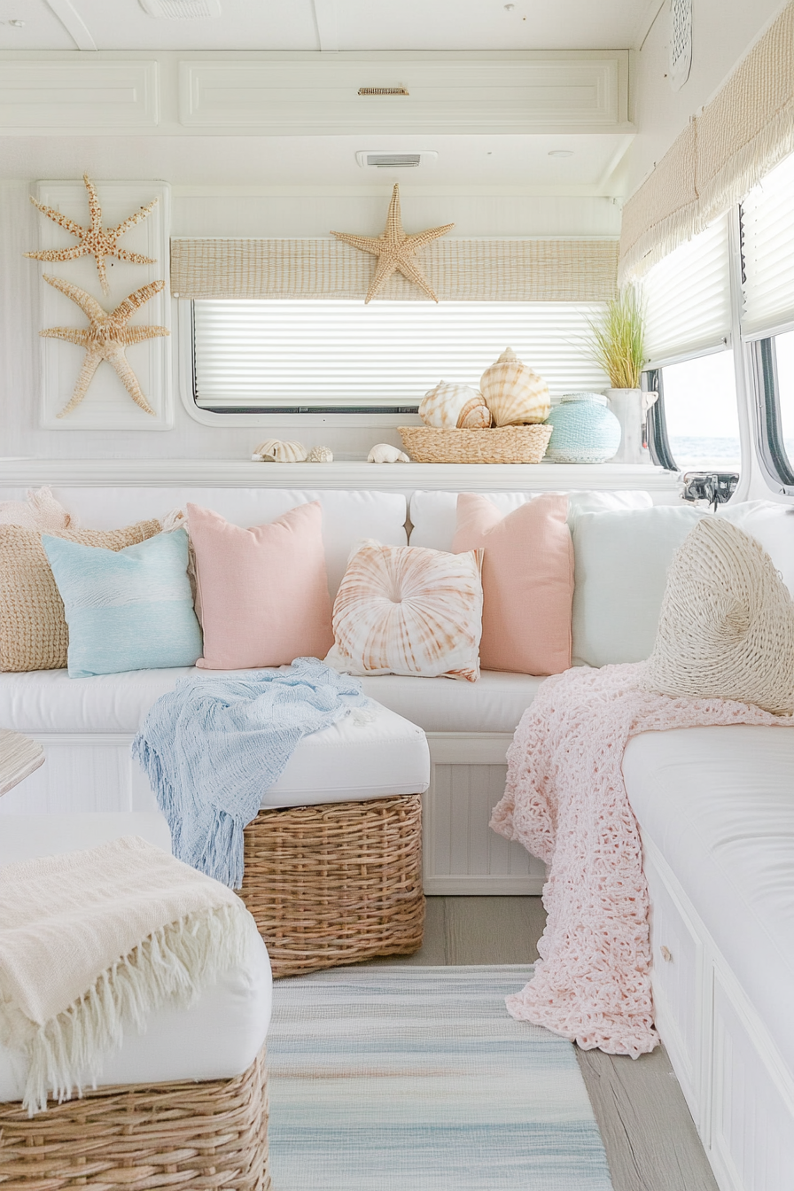 Coastal-inspired RV view. White wicker furnishings paired with pastel maritime hues and displayed seashells.