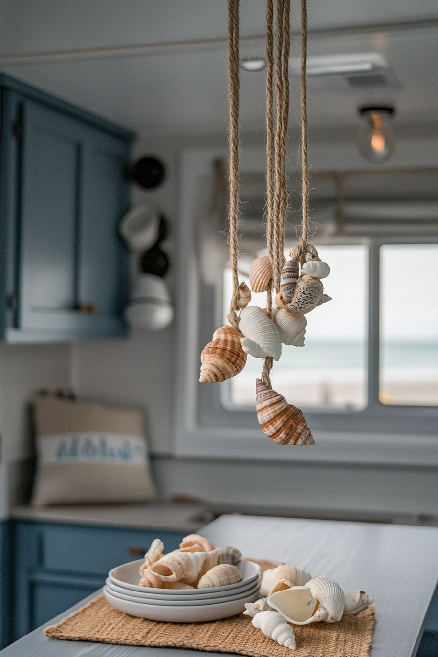 Wide angle view. Coastal-inspired RV. Seashells on hanging twine.