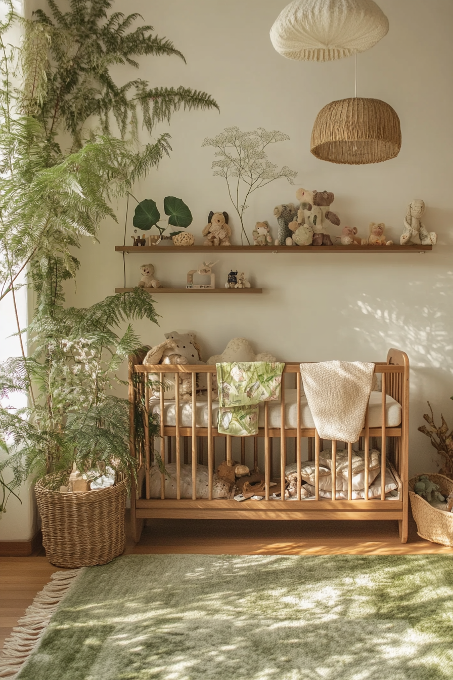 Nature-inspired baby room. Low wooden shelves laden with plant-inspired toys and soft fern-green rug.