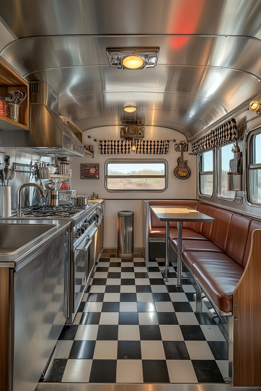 Classic Americana tiny house kitchen. Wide angle, chrome detailing, booth seating.