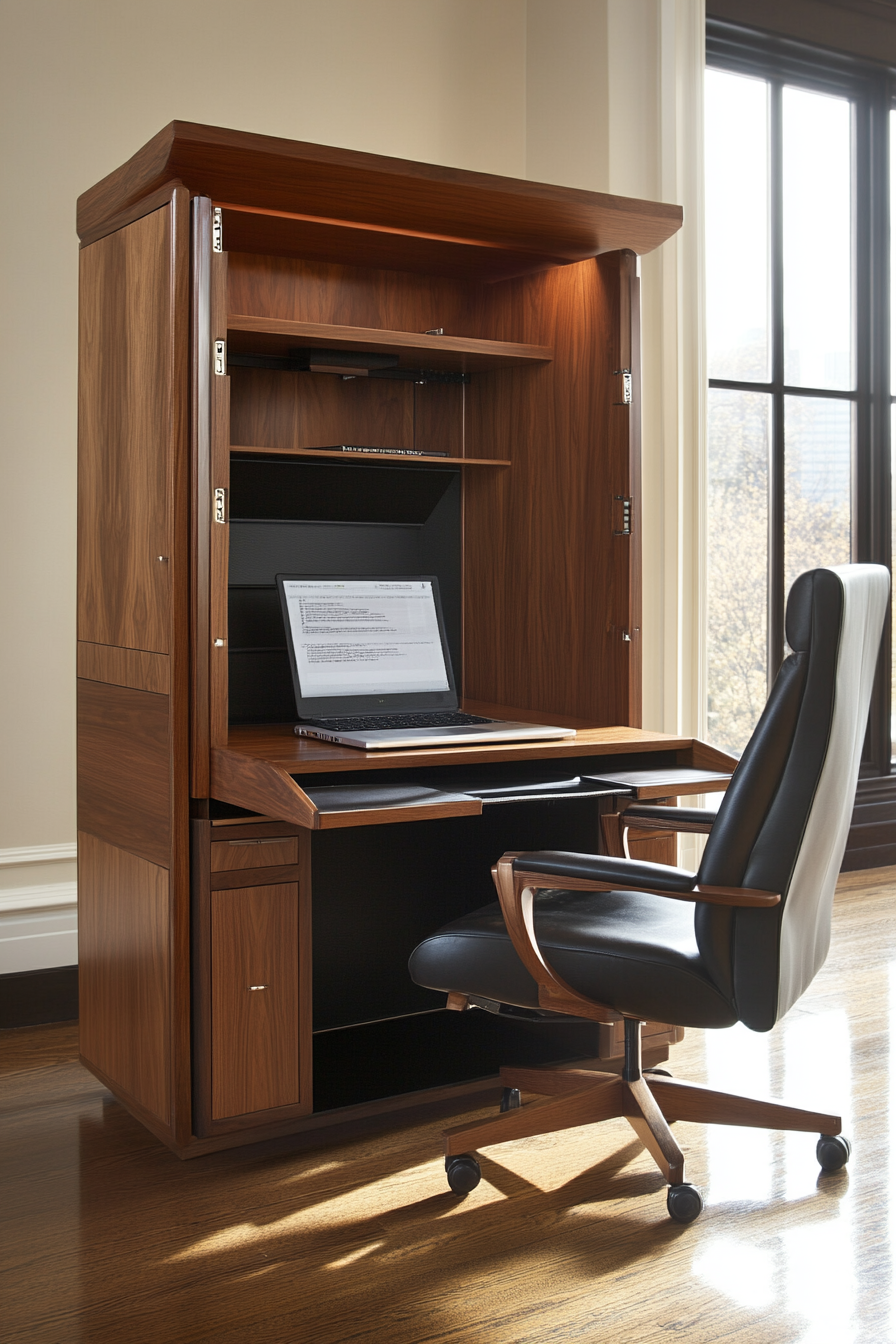 Upscale mobile workspace. Thorndon laptop panel with Southend Black leather executive chair.