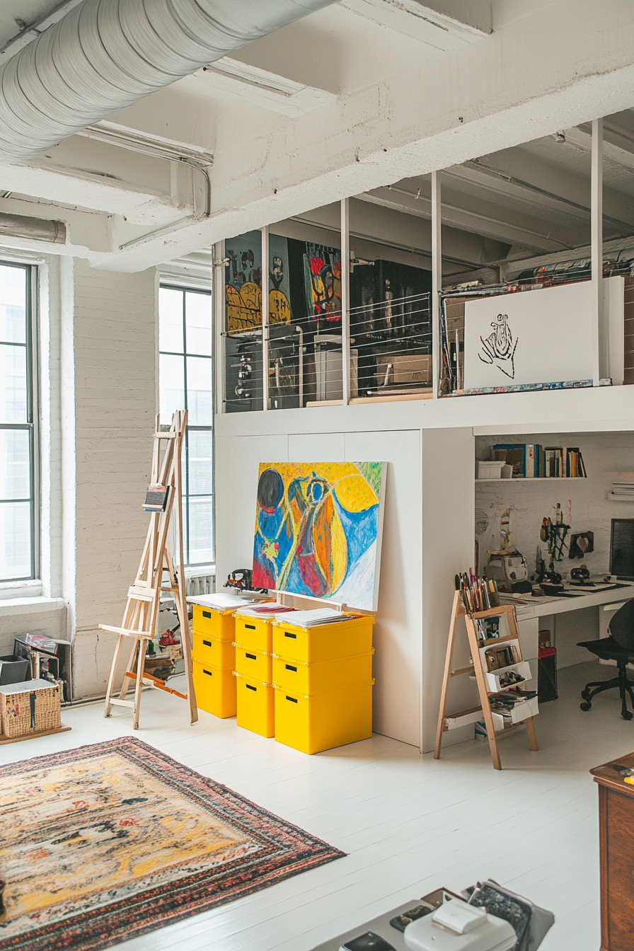 Mobile studio. Large easel near yellow storage cubes under white loft area.