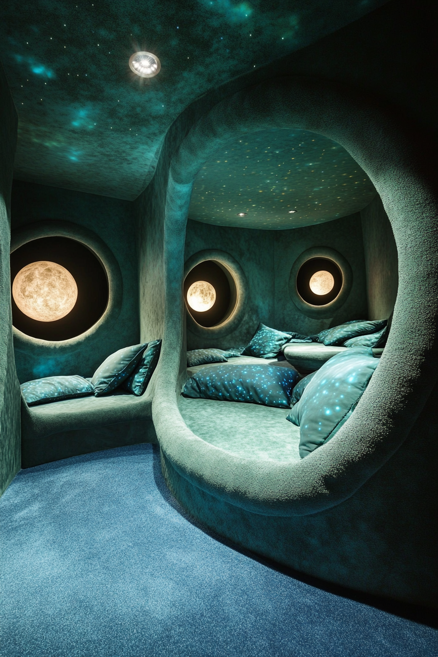 Space-themed sleeping quarters. Planet shaped pillows and blue-green nebula color scheme on the walls.