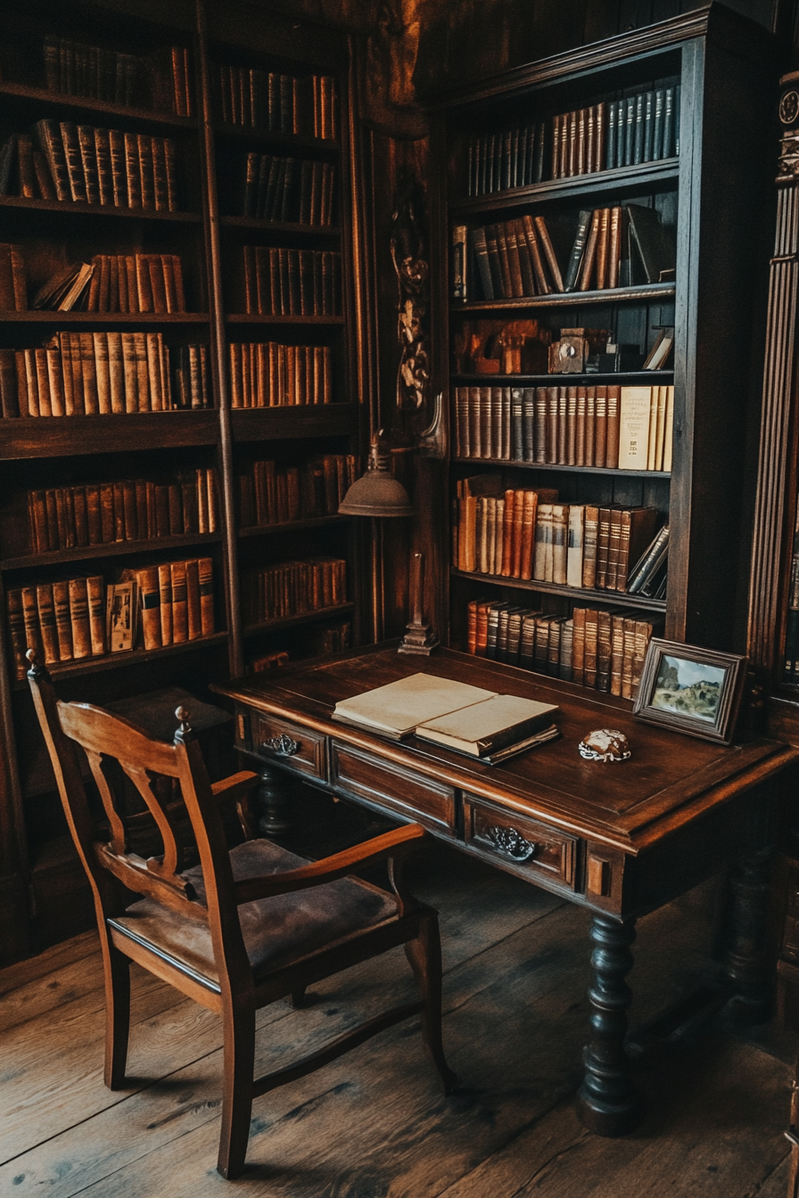 Wide angle view. Dark academia tiny house library. Antique wooden desk with vintage books.