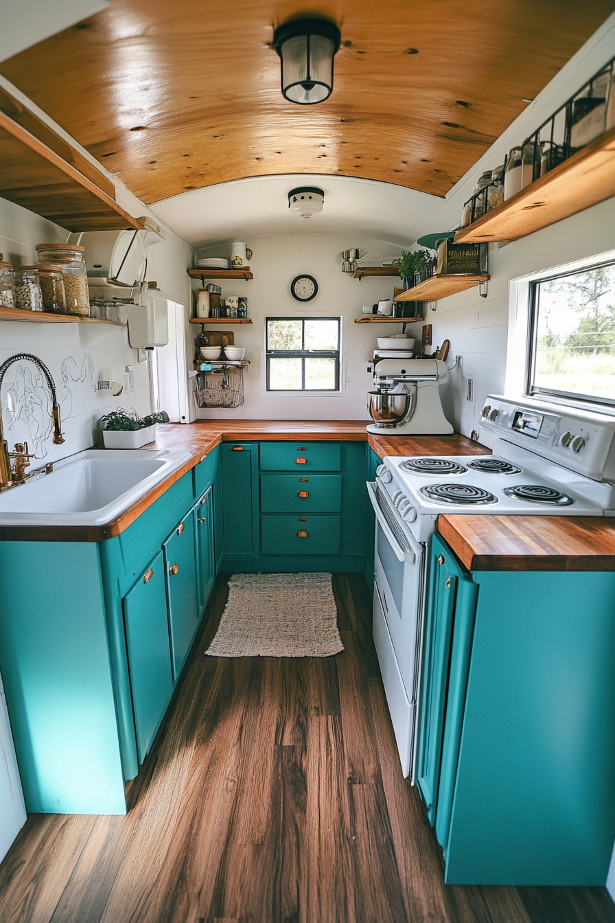 Wide-angle view. Retro tiny house kitchen, teal sleek cabinets, vintage white appliances.