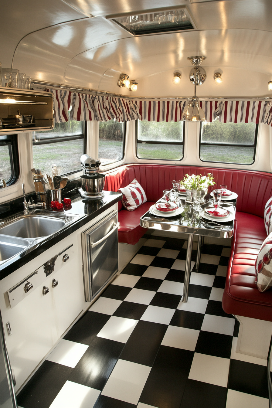 Americana tiny house kitchen. Checkered floor, chrome details, booth seating.