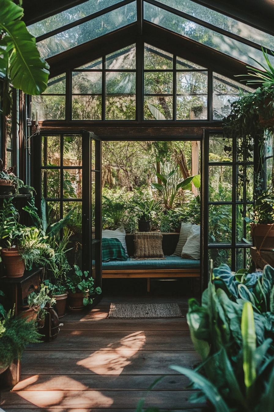 Wide angle view. Tiny house, greenhouse windows, potted fern, and botanical wallpaper.