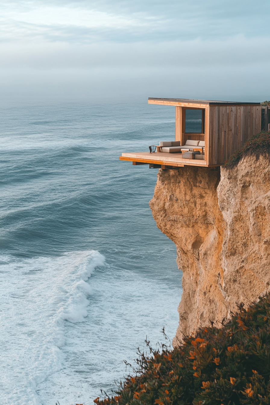 Wide angle view. Tiny home platform with built-in seating, standing on a breathtaking oceanside cliff.