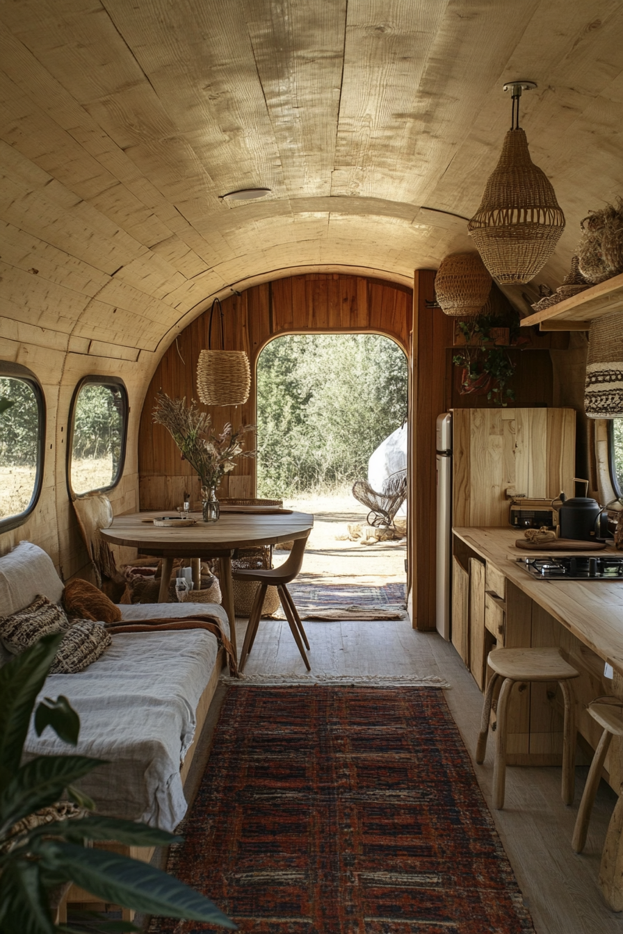 Natural mobile home. Light woods, organic textile elements, wide angle view.