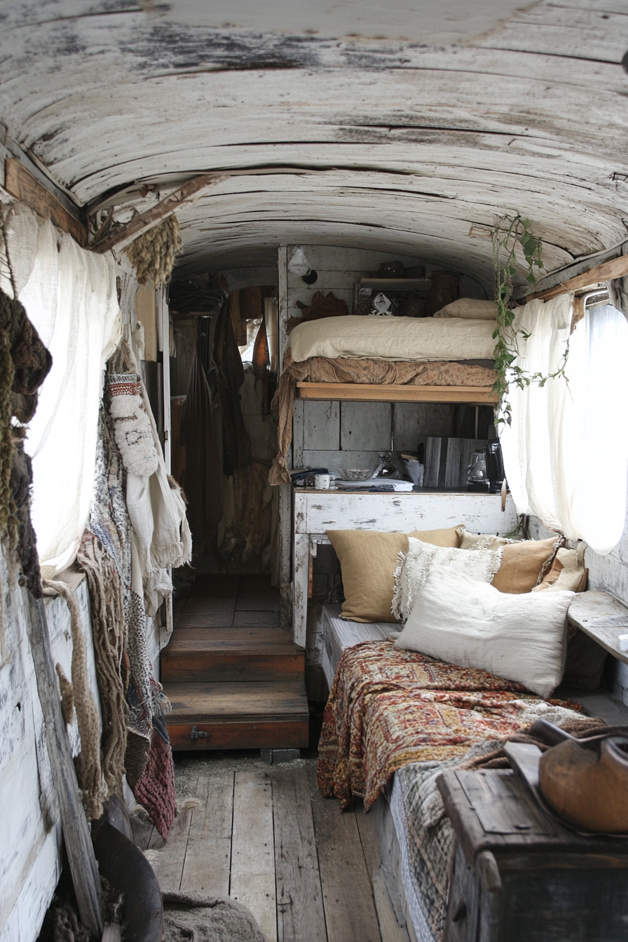 Natural mobile home. Organic wood salvaged from old barns mixed with hemp textiles.