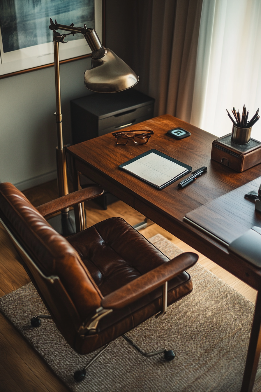 Wide angle professional mobile workspace. Rich wood desk, leather chair, mid-century standing lamp.