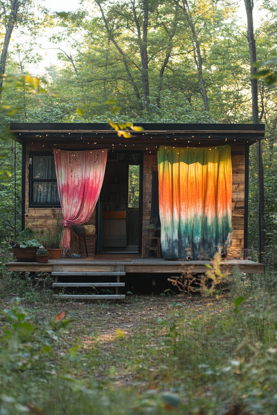 Natural mobile home. A-line roof, wooden exterior, tie-dye cotton curtains.