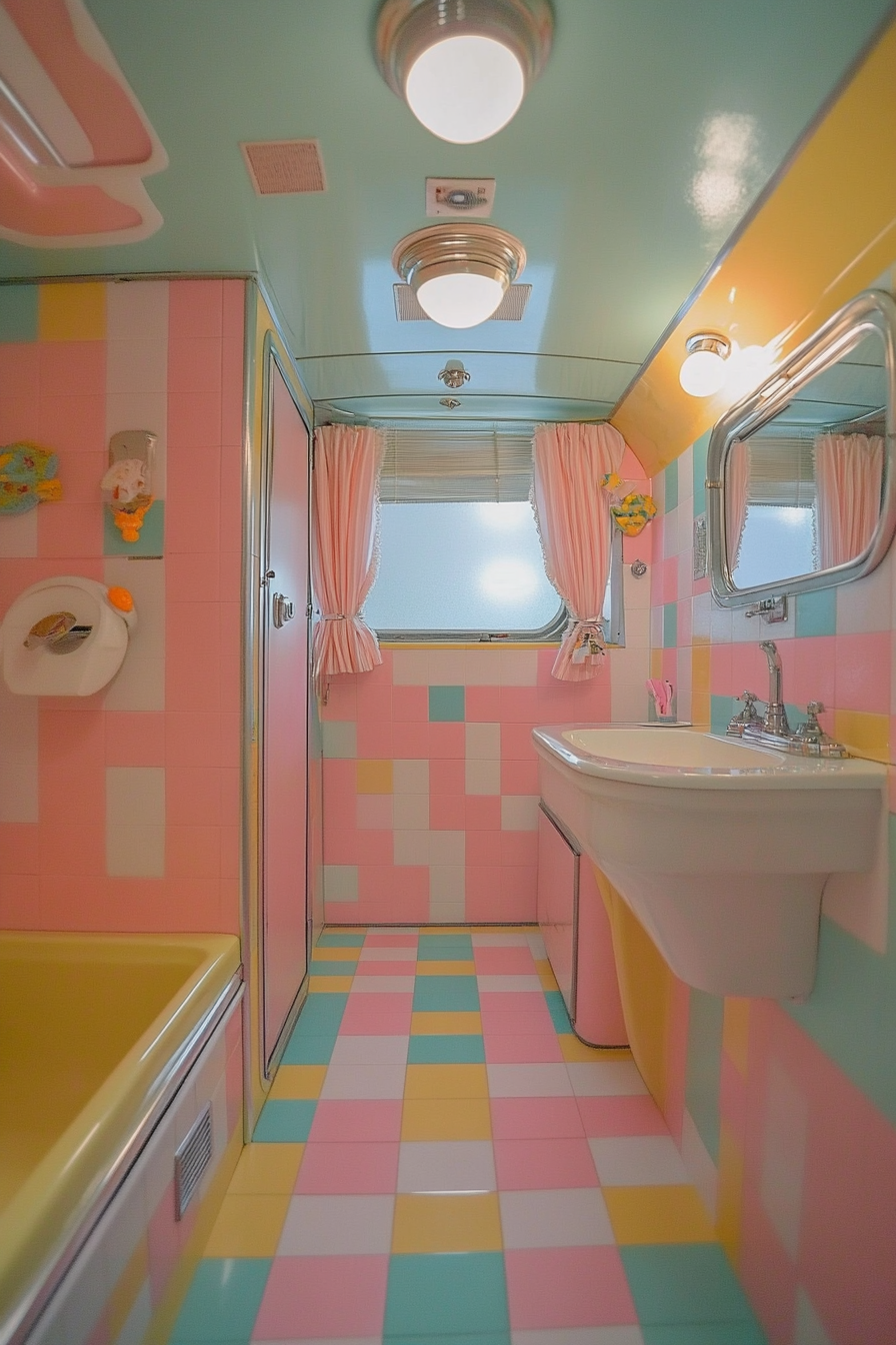 Wide angle view. 1950s RV bathroom, checkerboard tile, pastel fixtures.