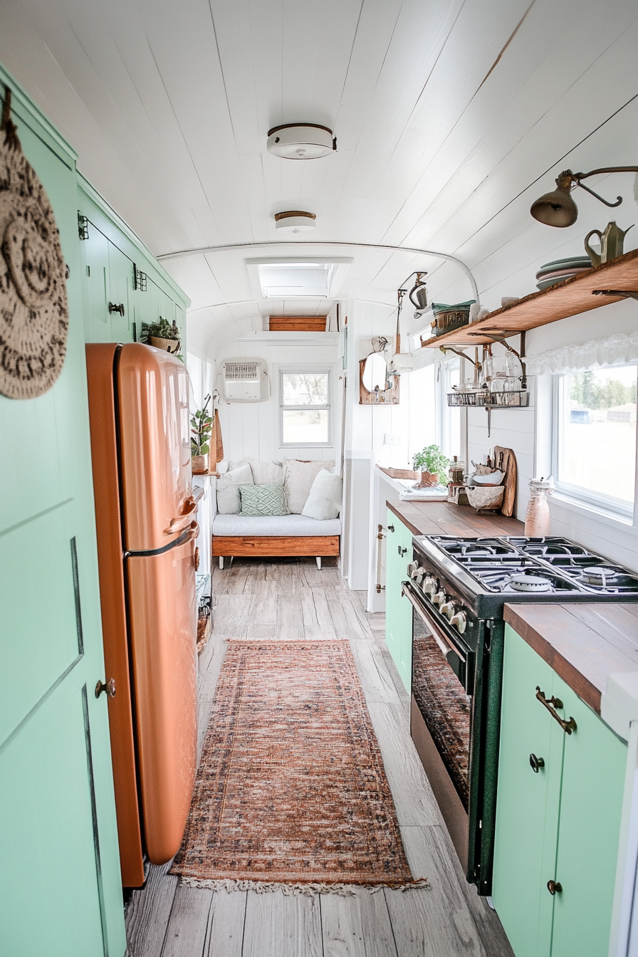 Wide angle view. Retro-inspired tiny house kitchen. Copper-tone fridge, mint green cabinets, cast iron stove.