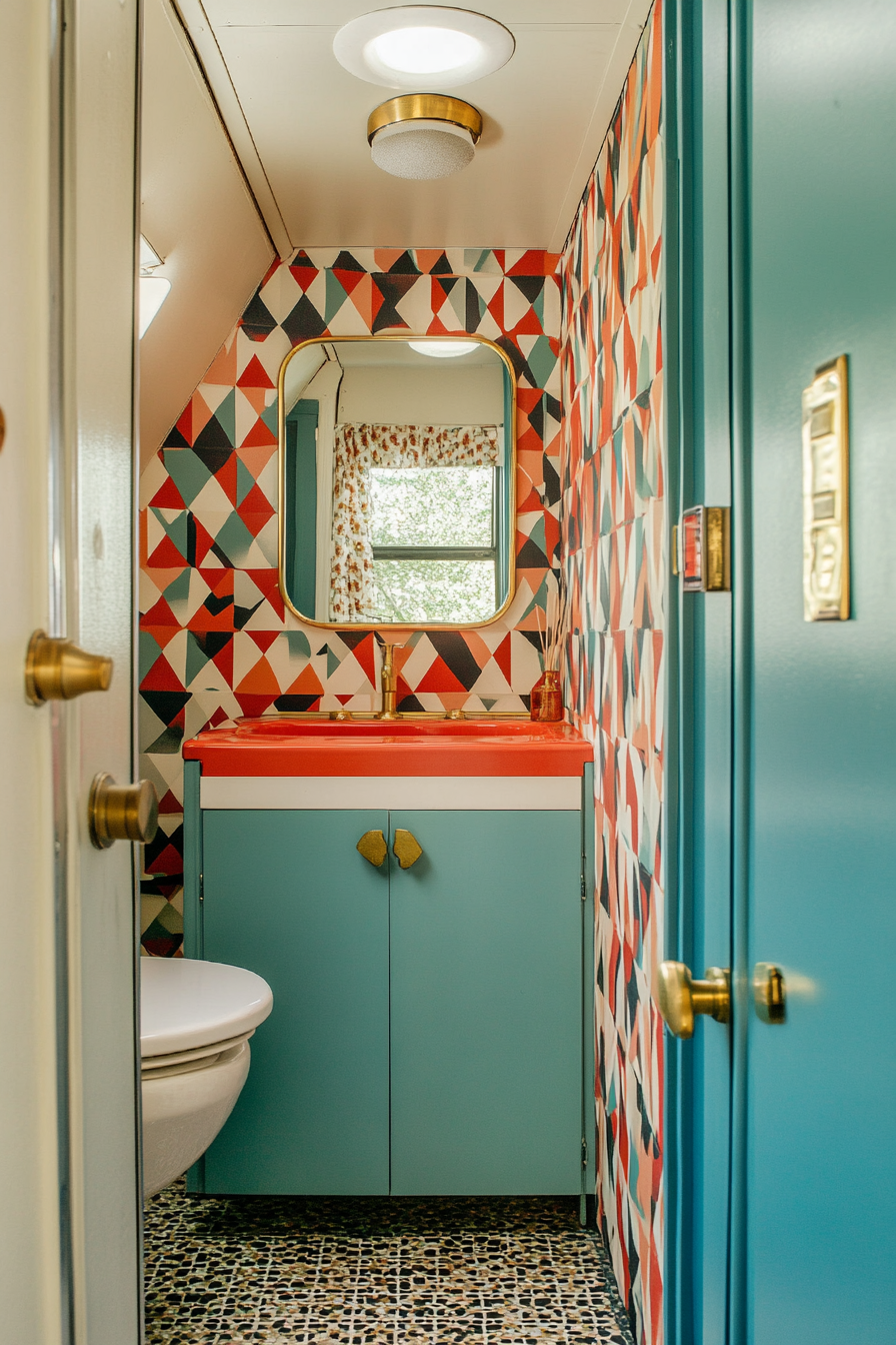 Wide angle view. mid-century camper bathroom. Vibrant geometric wallpaper, brass fixtures.