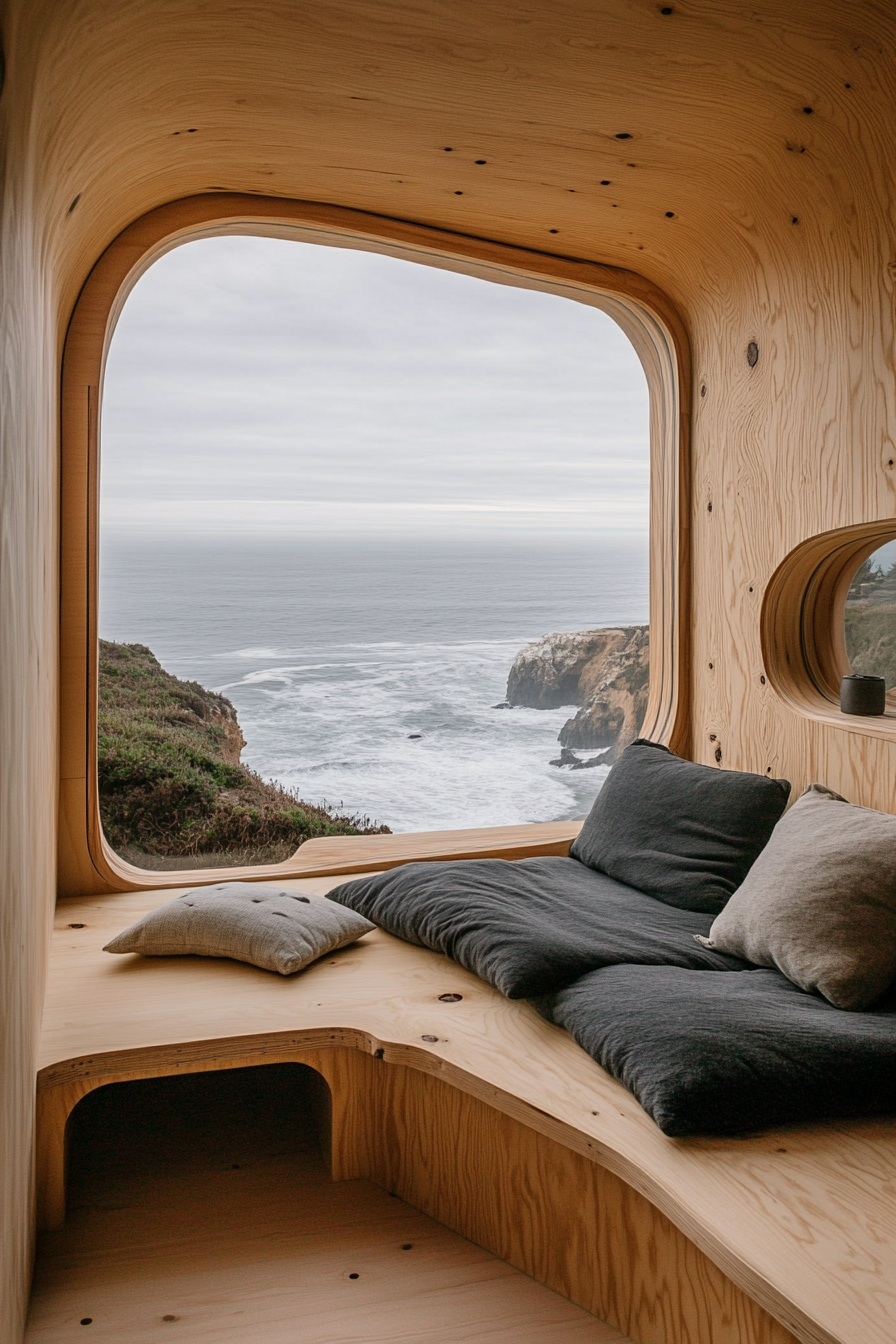 Wide angle view. Tiny home with built-in seats overlooking ocean from clifftop.