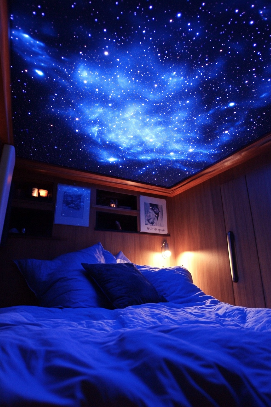 Space-themed sleeping quarters. Star projections on midnight blue ceiling, nebula-colored bedding.