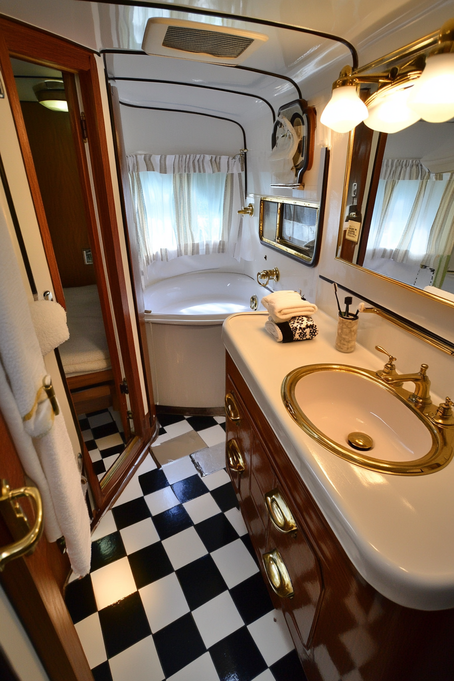 Wide angle view. 1950s RV bathroom, vintage checkered tile, classic brass fixtures.