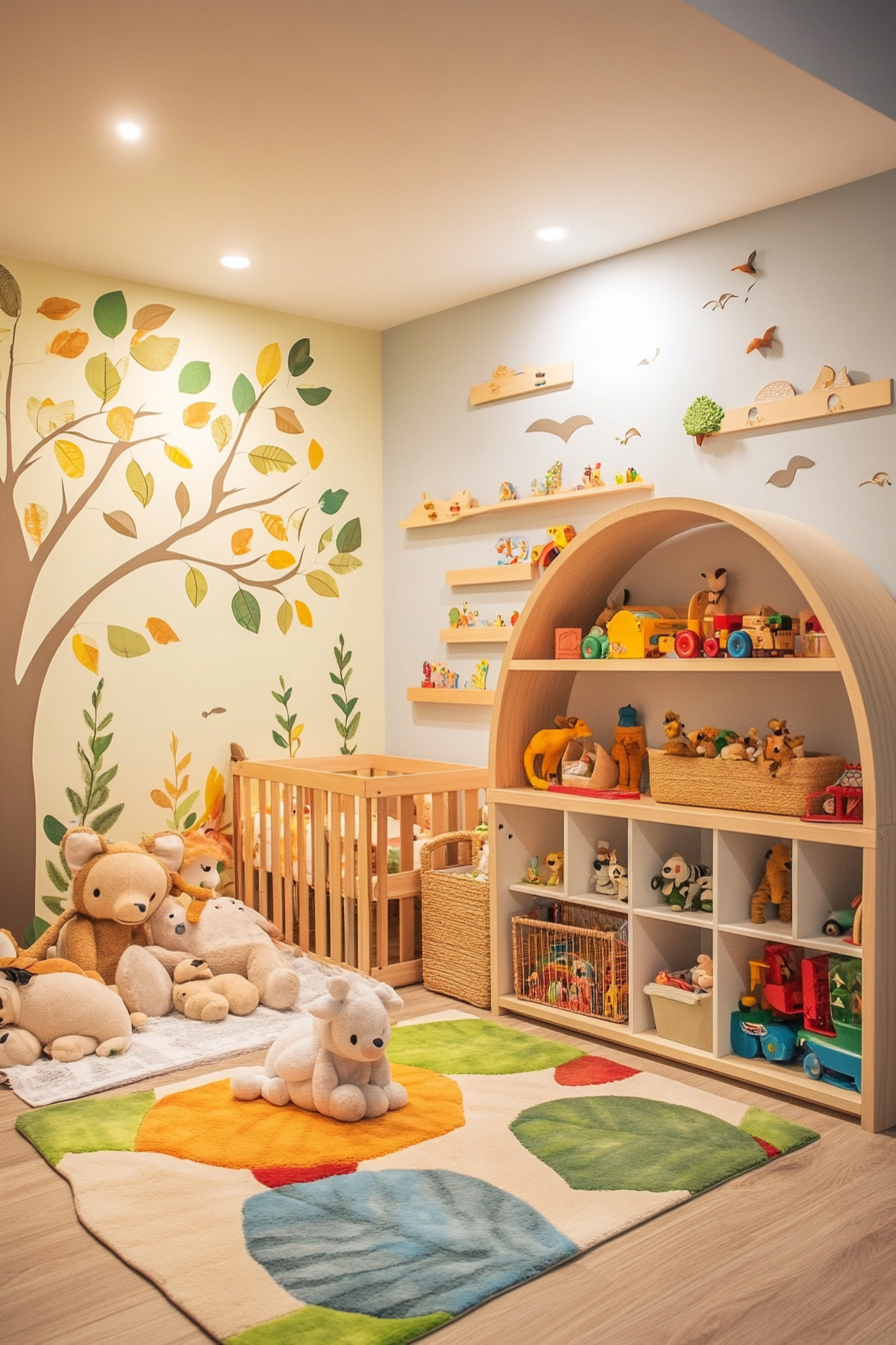 Nature-inspired baby room. Low shelves with plush forest animal toys, leaf-patterned exploration zones.