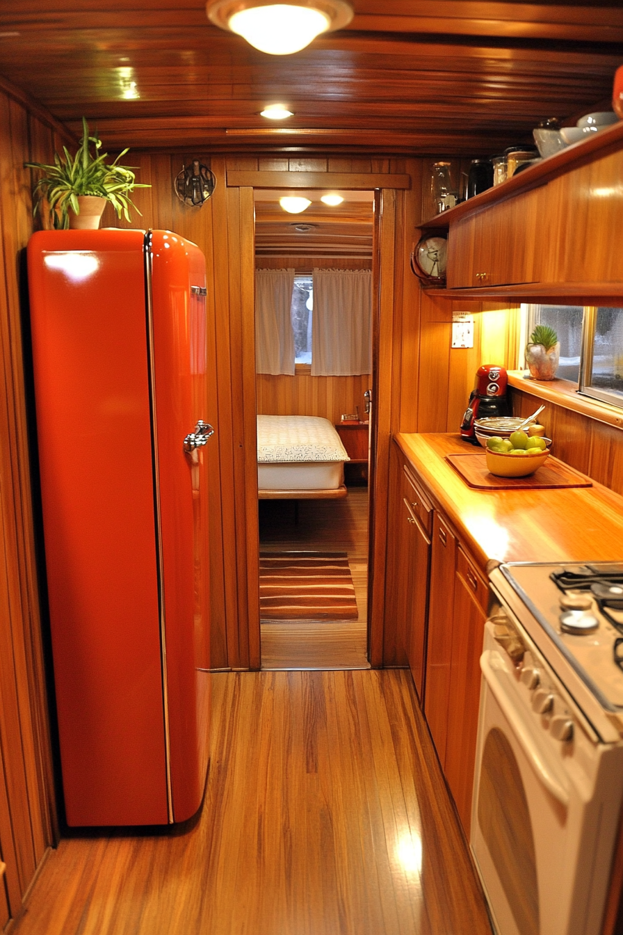 Wide angle view. Retro-inspired tiny kitchen: teak cabinets, Fridgedaire classic fridge.