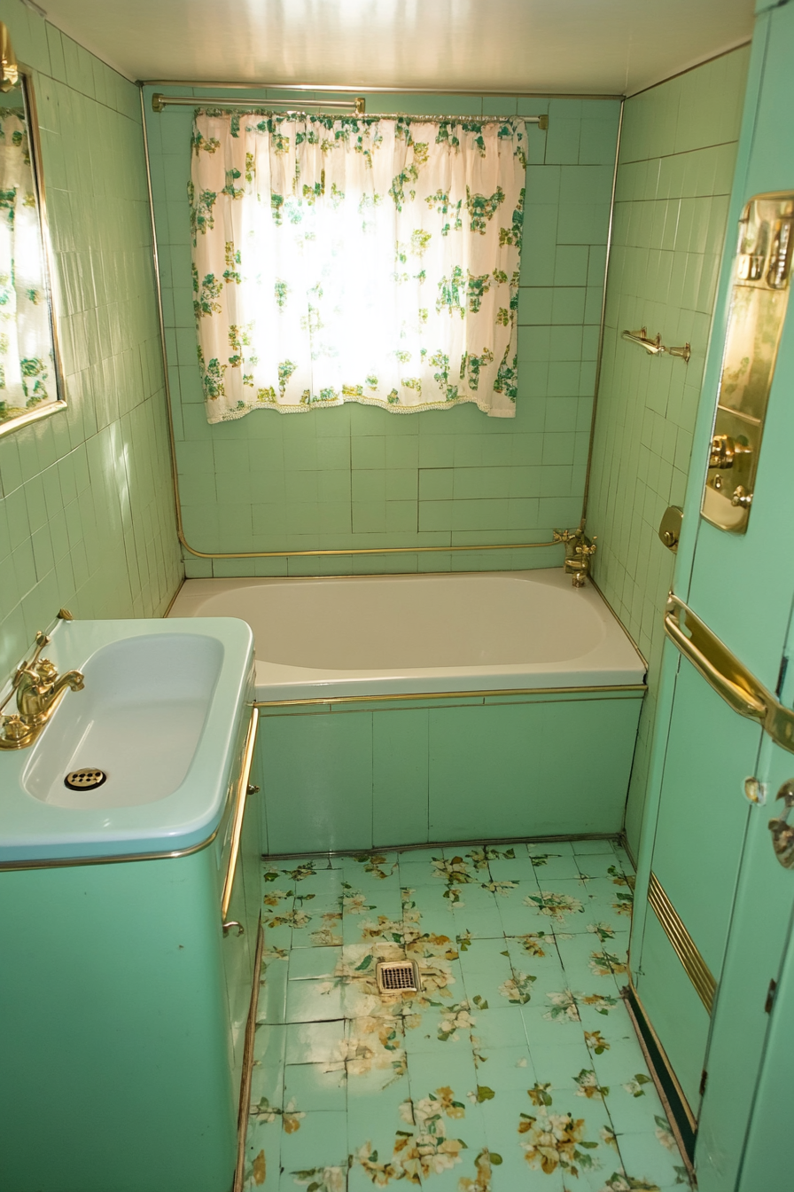 Wide angle view of 1950s RV bathroom. Mint green vintage tiles and gold fixings.