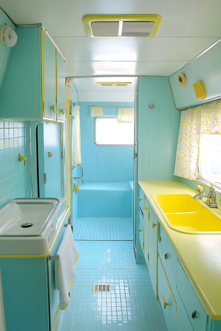 Wide-angle view. 1950s RV bathroom, baby blue vintage tiles, pastel yellow classic fixtures.