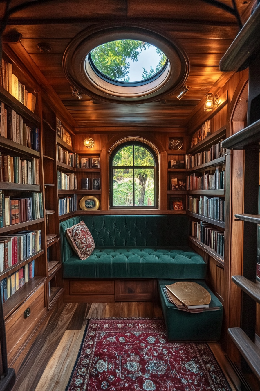 Wide angle view. Dark academia tiny house library. Teak bookshelves with antique brass details.