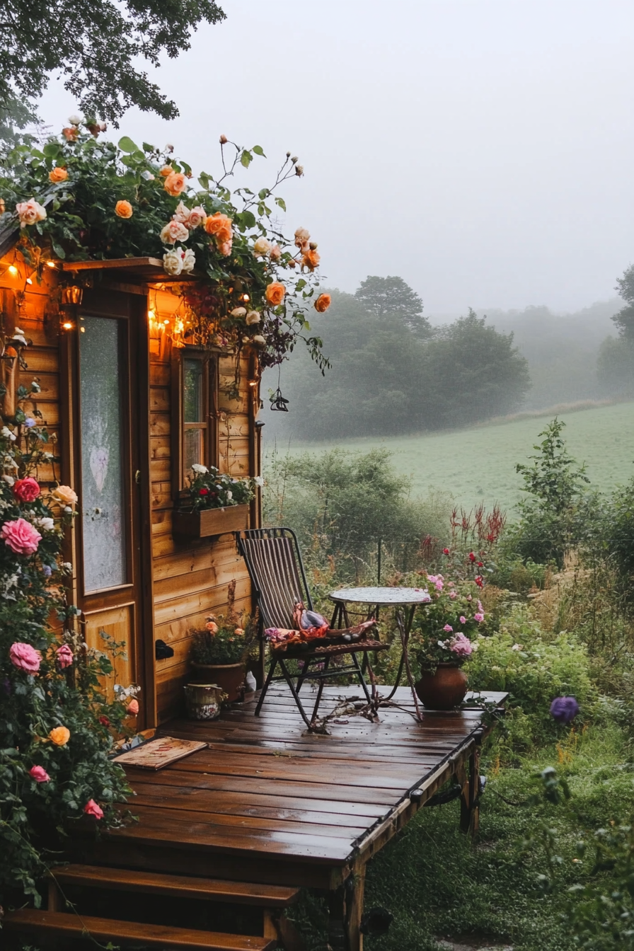 Flower-filled tiny house deck, rolling English countryside, morning fog and climbing roses.