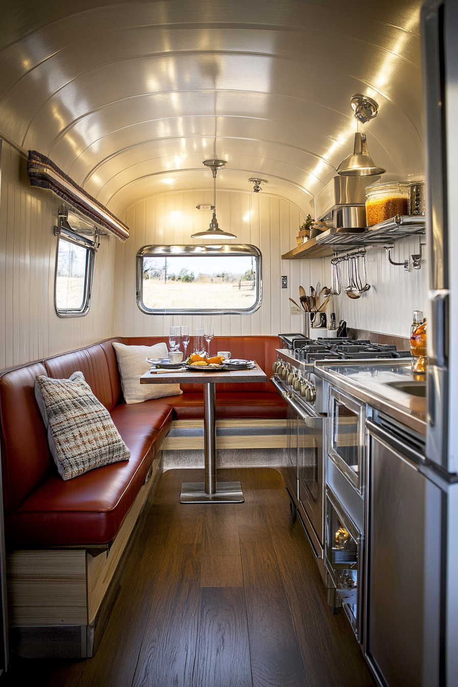 Americana kitchen. Classic tiny house, chrome accents, booth seating, wide angle view.