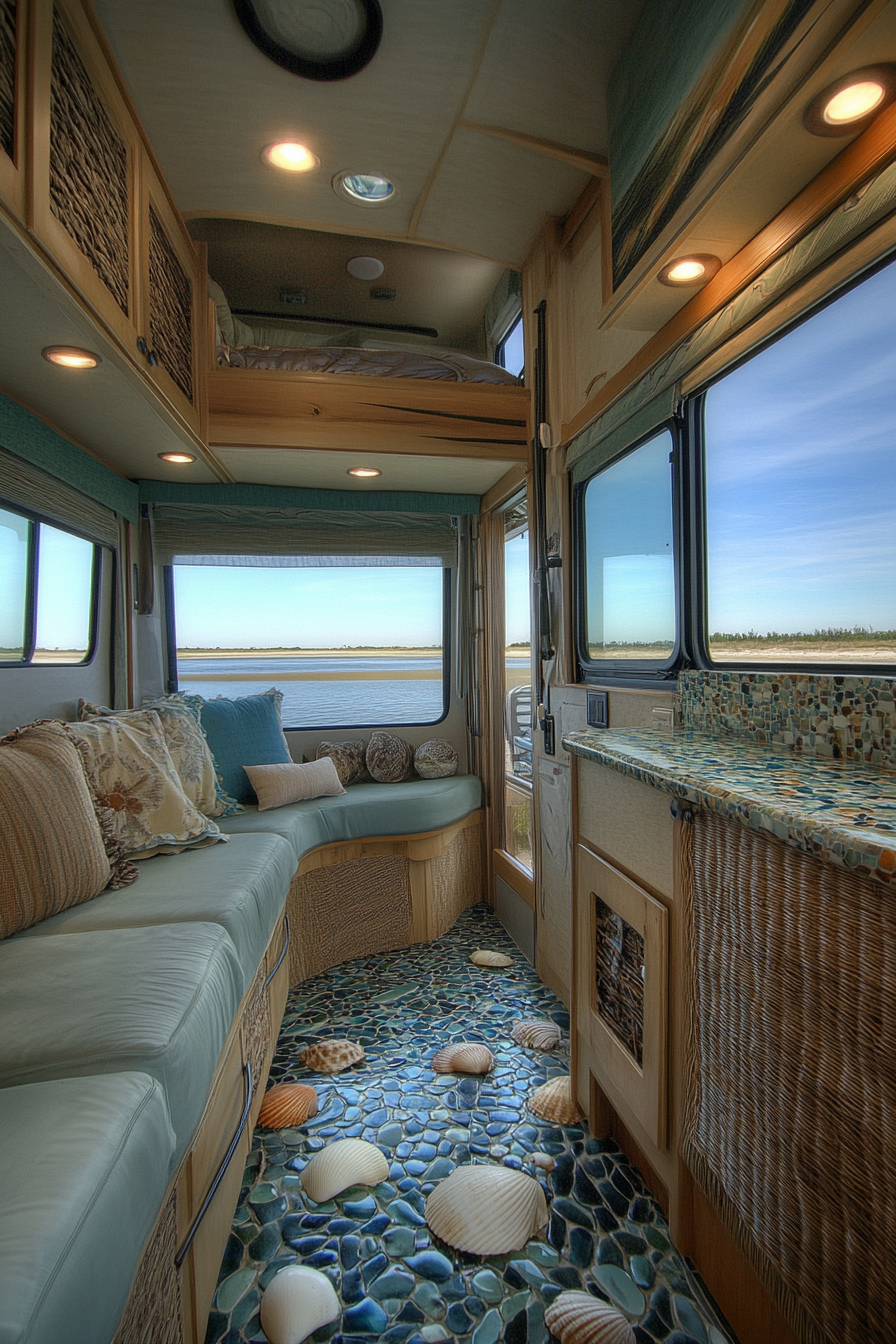 Coastal-inspired RV view. Vermillion exterior, seagrass interior with shell accents.