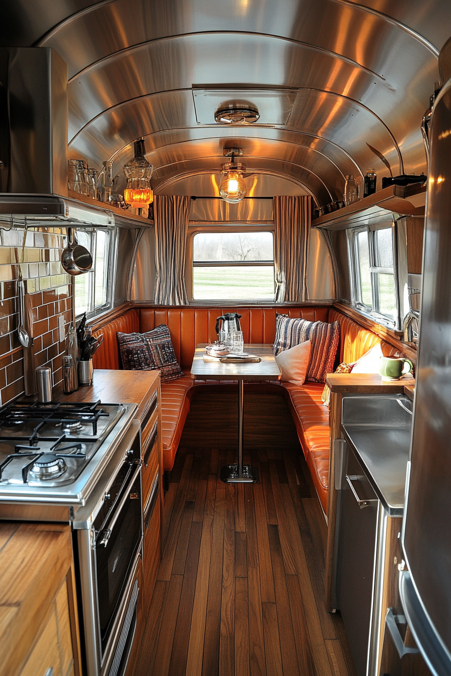 Wide angle. Classic Americana tiny house kitchen. Chrome accents, teak tiles, retro booth seating.